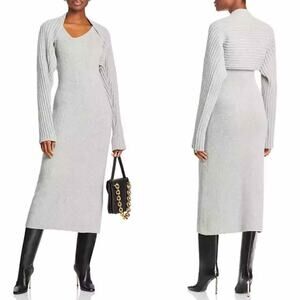 LVIR Merino Wool Cashmere Ribbed Midi Sweater Dress Size Medium Gray